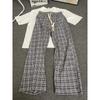 Pantalones a Cuadros Blancos y Negros Cleanfit para Hombre, Pantalones de Verano Finos Relajados y Holgados, Pantalones Rectos de Pierna Ancha Acampanados