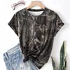 Camiseta Camuflada Feminina Verão Tops Gola Redonda Manga Curta Solta Respirável Tecido Leve Casual Novo Design 2025