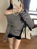 Camiseta sexy y elegante de rayas con hombros descubiertos y mangas largas para mujer, fina de verano, cintura elástica, adelgazante, versátil, top básico