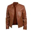 Jaqueta de Couro Masculina Quente de Inverno com Fechamento em Zíper e Decoração de Bolso, Couro PU, Gola Alta, Jaqueta de Couro Slim Fit P55