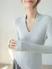Elegante Suéter de Punto Ajustado con Cuello en V y Textura de Ondas de Agua para Mujer, Jersey de Lana Básico de Manga Larga para Otoño e Invierno