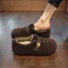 Zapatos Birkenstock para Mujer 2026 Estilo Coreano Moda Nuevo Invierno Retro Punta Redonda Con Terciopelo Cálido Totalmente Cubiertos Zapatos de Algodón con Piel Marrón