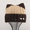 Chapéu de Tricô Fofo com Blocos de Cor de Botão e Orelhas de Gato para Mulheres Outono Inverno Emagrecimento Facial Chapéu Quente de Lã Circunferência da Cabeça Grande Chapéu de Proteção para as Orelhas
