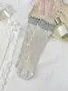 Meias Finas Femininas Color Block com Bordas Duplas Franzidas, Comprimento no Meio da Panturrilha, Malha Vazada, Respiráveis, Sem Costura, Antiderrapantes, Versáteis
