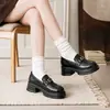 Bico redondo, sola grossa, primavera/outono, estilo britânico, versátil, mocassins slip-on leves, cor sólida, sola macia, couro macio, salto grosso, sapatos femininos