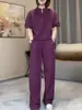 Conjunto de Top Simple de Media Cremallera con Cuello Alto de Manga Corta + Pantalones de Pierna Ancha, Atuendo de Dos Piezas Holgado y Adelgazante para Ir al Trabajo