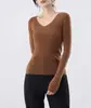 Suéter de tricô de lã com decote V suave estilo francês para mulheres, camisa base elástica slim fit para outono e inverno, macio e confortável para o trajeto