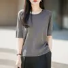 Tencel Linho Malha Gola Redonda Manga Curta Feminina Primavera Verão Versátil Sensação Fresca Camiseta Textura Simples Malha Respirável Atacado