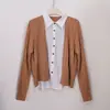 Camisa Estilo Old Money Gola Lapela Manga Longa Falso Duas Peças Top Feminino Outono Inicial Uso Diário Trabalho Bloco de Cores Tricô Trançado Suéter de Lã