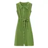 Vestido Camisa Verde Sin Mangas para Mujer 2026 Verano Nuevo Diseño con Sentido Holgado Adelgazante Cinturón Elegante Falda Larga