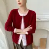 Cardigã de cashmere amigo da pele e não irritante para mulheres, gola redonda, color blocking, tricô falso de duas peças, jaqueta suéter de lã versátil