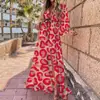Ropa Femenina Transfronteriza Europea y Americana 2026 Elegante Moda Vestido de Cuello en V Mangas Largas Acampanadas Cintura Alta Suelto Falda Larga Estampada