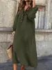 Vestido Novo Versátil de Meio Comprimento com Decote V e Manga Longa para Primavera e Outono, Saia de Algodão e Linho, Vestido Soltinho Plus Size Feminino que Esconde a Figura