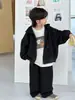 Moletom cardigã com capuz moderno estilo de rua americano transfronteiriço para meninos, conjunto de jaqueta moletom casual de corte solto, tecido de lã sintética