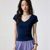 Camiseta 40s de Algodão Penteado Puro para Mulheres, Gola Redonda com Patch de Decote V Profundo, Mangas Curtas, Verão, Simples, Versátil, Emagrecedora, Top de Base