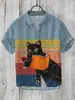 Moda de Verano Tallas Grandes Ropa Juvenil para Hombre Camisa de Manga Corta Cárdigan de Lino Solapa Gato Divertido Estampado de Pintura a Tinta