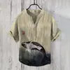 Nueva Camisa Hawaiana para Hombre Paisaje con Tinta Estampado de Sol Transfronteriza Europea y Americana Camisa de Lino de Bambú de Manga Corta con Cuello en V