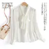 Camisa de Seda de Amora para Mulheres Primavera e Verão Nova Gola com Laço Branco Manga Longa Versátil Camisa de Seda Top Feminino