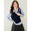 Nuevo estilo de otoño, corte holgado, adelgazante, retazos, blusa top tipo dos piezas falsas, azul marino, otros colores disponibles