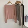 Camiseta básica de manga larga con cuello redondo grande y bordes de hongo para mujer, capa suave y cerosa, top interior ajustado para mujer