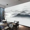 Novo papel de parede de parede de fundo de TV com paisagem preto e branco estilo chinês conceito artístico pintura a tinta sala de estar sofá filme e televisão Tecido de parede mural sem costura