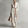 Traje Casual Transfronterizo Europeo y Americano 2026 para Mujer, Conjunto de Dos Piezas de Camisa Cardigan de Cuello Alto con Bloques de Color y Pantalones de Pierna Ancha para Primavera y Verano