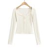 Primavera 2024 nuevo estilo ballet encaje costuras manga larga top mujer cuello cuadrado falso dos piezas ajuste ceñido camiseta corta