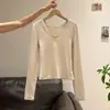 Blusa de tricô branca estilo coreano com decote V e manga longa para mulheres, nova para o outono, slim fit, acinturada, base