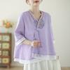 Nueva Camisa de Botones con Solapa Diagonal Estilo Chino para Mujer Verano Vintage Estilo Nacional Bordada Hanfu Mejorado Camisa Pequeña Top de Té Zen