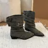 Botas Chelsea Femininas Retro Bico Fino Salto Bloco 2026 Moda Verão Fivela de Cinto Botas Cavaleiro Salto Médio Aumentador de Altura Botas Chelsea Martin