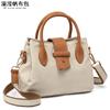 Bolsa feminina casual bolsa de lona impermeável bolsa crossbody com primeira camada de couro genuíno bolsa de ombro de cor sólida transbordando