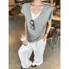 Camiseta de Algodón Puro Sorona 170g Falsa de Dos Piezas Cuello en V Manga Corta para Mujer, Top de Verano Estilo Holgado y Relajado