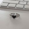 Anillo de cola abierto con corazón negro de plata esterlina 925 de Dongdaemun de Corea del Sur, avanzado, combina con todo, ligero, de lujo, dulce, fresco, simple ins