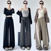Calça Wide Leg Cinza Escuro para Mulheres, Outono e Inverno Cintura Alta Drapeada Calça Mochi, Petite Preguiçosa Casual Esportiva Calça Reta A5669