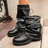 Botas de mujer con hebilla de remache negro, nuevo estilo otoño 2026, botas plisadas de plataforma, tacón grueso, botas cortas adelgazantes hasta la pantorrilla