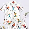 Cardigan Transfronterizo Europeo y Americano de Seda de Leche con Estampado de Colores Claros para Mujer, Conjunto Casual Transpirable de Manga Corta y Shorts para el Hogar