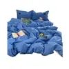 Juego de ropa de cama de algodón nórdico minimalista a rayas azul oscuro de cuatro piezas: funda de edredón de 1.8 m, sábana, sábana bajera, juego de ropa de cama de tres piezas