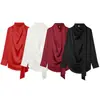 Comércio Exterior Transfronteiriço Roupas Femininas 2026 Novo Estilo Europeu e Americano Moda Elegante Textura de Cetim Cor Sólida Camisa com Amarração Top