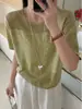 Top de punto ligero y transpirable de color liso, cuello redondo, manga corta, para verano, holgado, adelgazante, moda casual, lujo ligero, camiseta para mujer