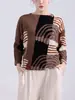 Blusa Feminina Outono 2026 com Design Único, Gola Redonda, Manga Morcego, Camisa de Tricô Pulôver Estampada, Camiseta de Manga Longa Issey Miyake