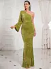 Moda Europeia e Americana da Amazon elegante de um ombro manga longa justo com recortes e alça de lantejoulas vestido longo de noite