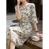 Vestido feminino de seda crepe de chine, vestido francês para chá de seda amoreira, comprimento médio gola redonda estampado roupas femininas primavera-verão