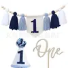 Banner de silla de comedor para fiesta de cumpleaños de 1 año, banderín de borla, decoración de habitación infantil, arreglo de cuenta, flor de pompón de lana