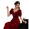 Vestido Rojo para Mujer, Vestido Tostado de Verano con Cuello Cuadrado, Nuevo Estilo 2026, Vestido para Novia Petite, Estilo Francés, Adecuado para Uso Diario