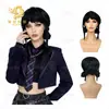 Peruca Preta Cosplay Transfronteiriça com Franja Reta e Estilo de Coques Duplos, Peruca para Fantasia de Festival