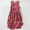 Vestido Casual de Algodão Puro com Estampa Digital Nova, Gola Redonda, Sem Mangas, Comprimento Médio, Para Mulheres, Verão na Praia