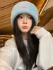 Gorro de Lana Tejido con Parche Azul, Cabeza Grande, Adelgazante, para Mujer, Otoño e Invierno, Cálido, Versátil, Protector de Orejas