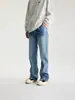 Calça jeans masculina lavada com estampa de rachadura de raio, estilo high street americano, lavada e desgastada, calça casual de perna reta e larga