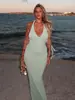 Moda Feminina Europeia e Americana para Férias Transfronteiriças Vestido Novo de Verão Slim Fit com Decote V Sem Mangas Longo Vestido de Verão Feminino Slim Fit com Ajuste na Cintura