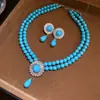 Conjunto de Joias Europeu e Americano Transfronteiriço Brincos e Colar de Pérolas Turquesa cravejados com Diamantes de Camada Dupla Design de Nicho Corrente para Clavícula